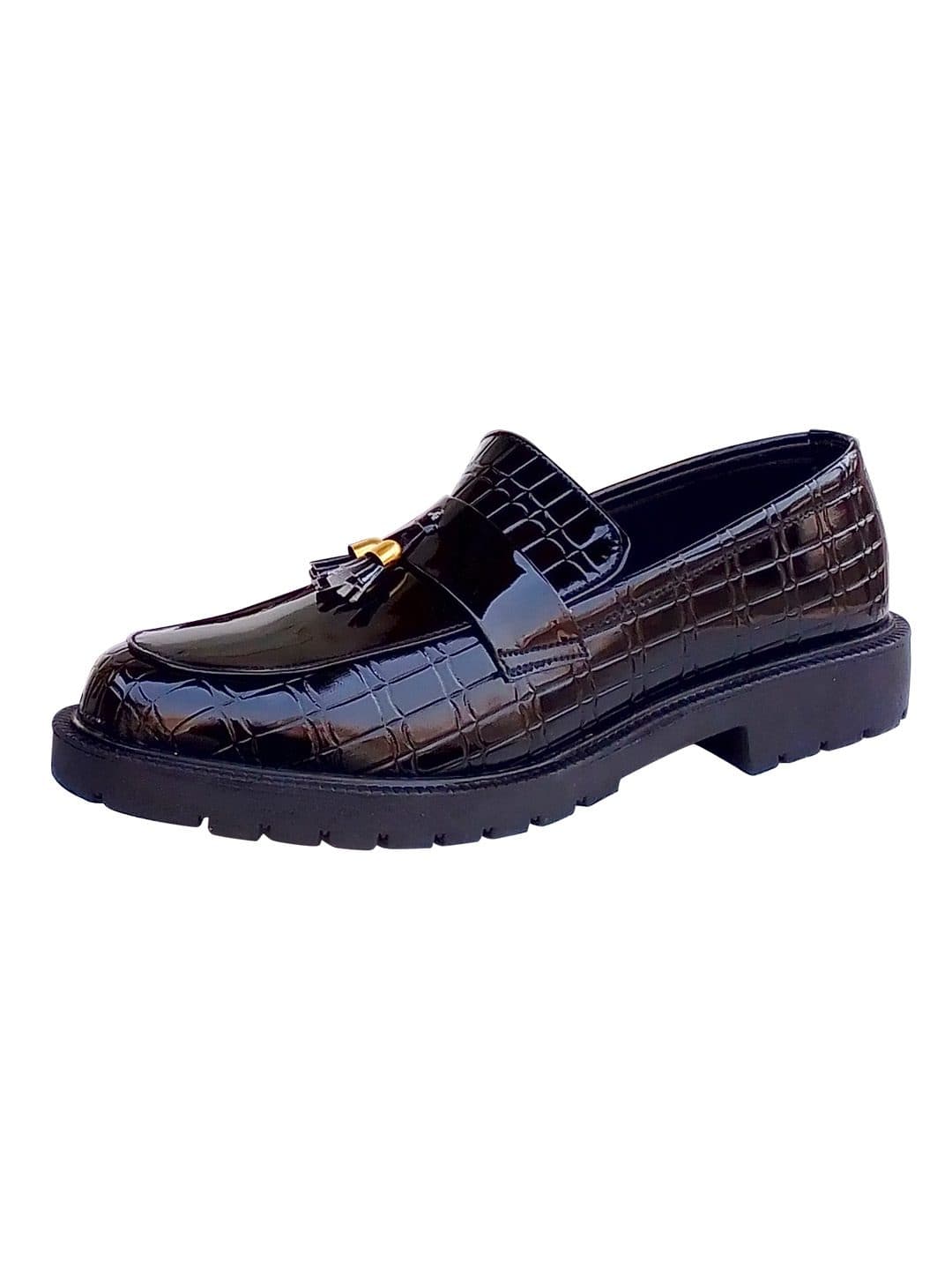 Women's Black Croc-Embossed Chunky Tassel Loafers