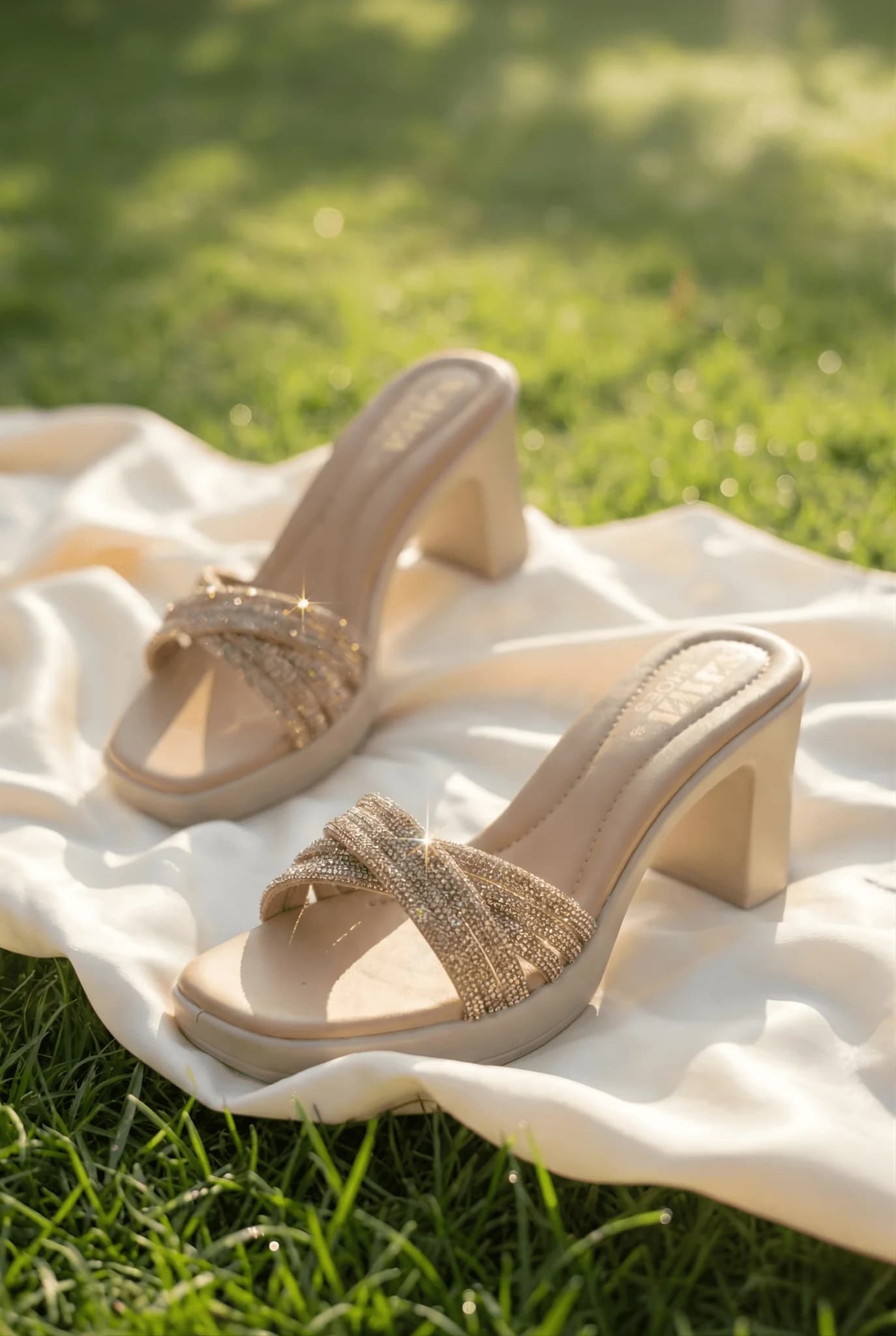 Premium Champagne Gold Embellished Heeled Sandals for Women