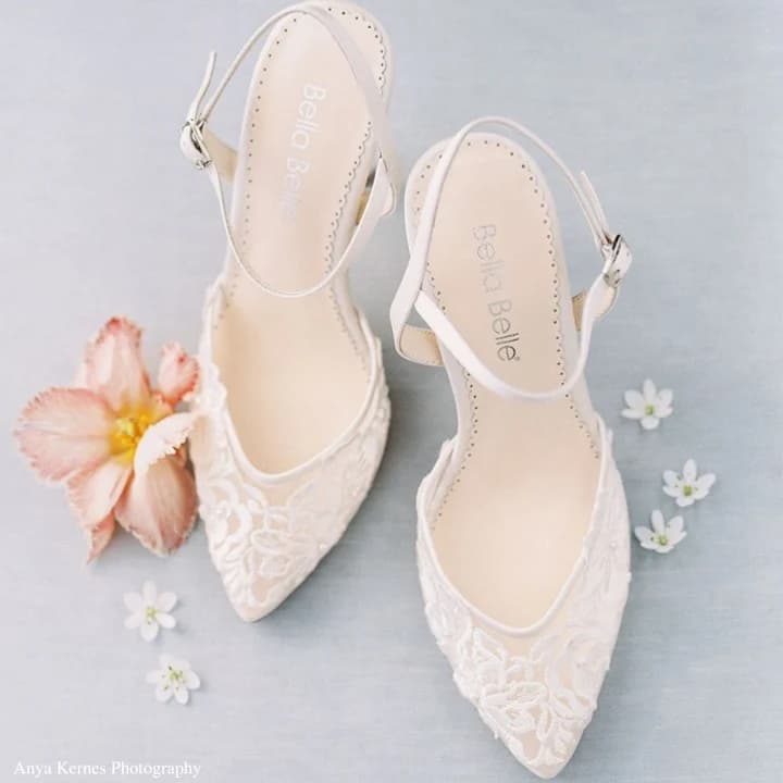 Women's Ivory Floral Lace Pearl Bridal Slingback Heels