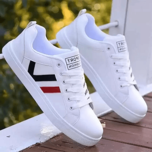 Premium White Sport Sneakers for Men – Black & Red Stripe