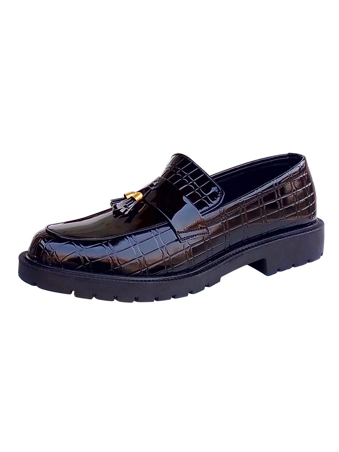 Women's Black Croc-Embossed Chunky Tassel Loafers