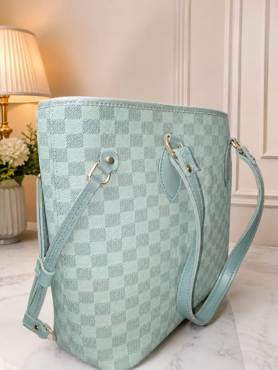Women’s Mint Blue Checkered Convertible Tote Backpack