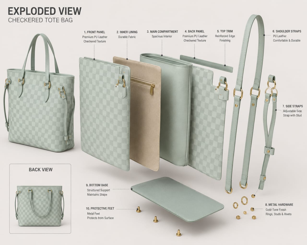 Women’s Mint Blue Checkered Convertible Tote Backpack thumbnail 2