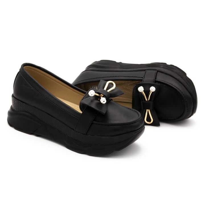 Women's Black Bow Embellished Platform Wedge Loafers thumbnail 4