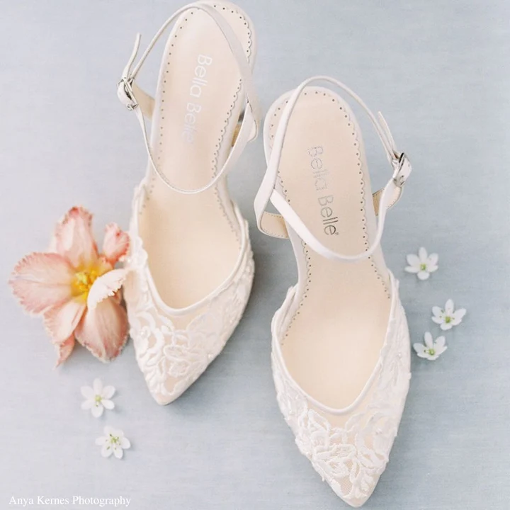 Women's Ivory Floral Lace Pearl Bridal Slingback Heels thumbnail 3