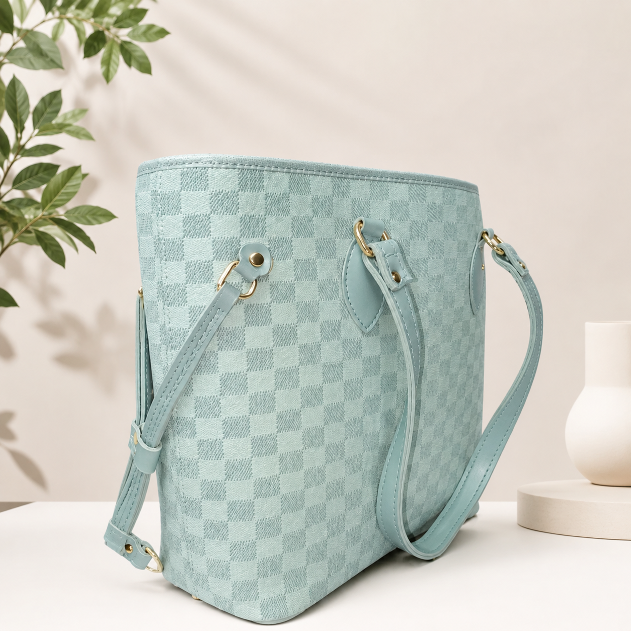 Women’s Mint Blue Checkered Convertible Tote Backpack thumbnail 3