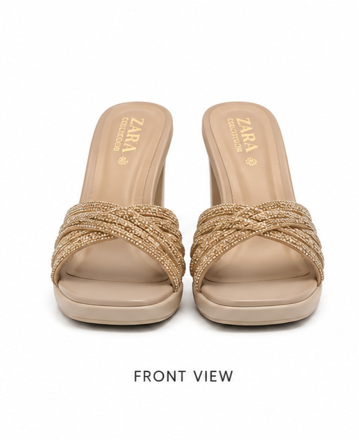 Premium Champagne Gold Embellished Heeled Sandals for Women thumbnail 2
