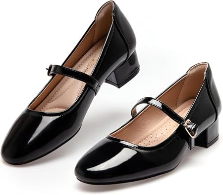 Women's Black Patent Mary Jane Low Block Heels